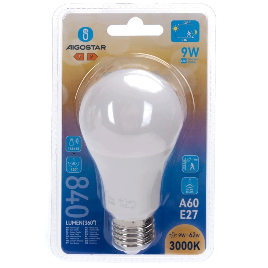 LED-lamppu liike- ja hämärätunnistimella A60 E27/9W/230V 3000K - Aigostar