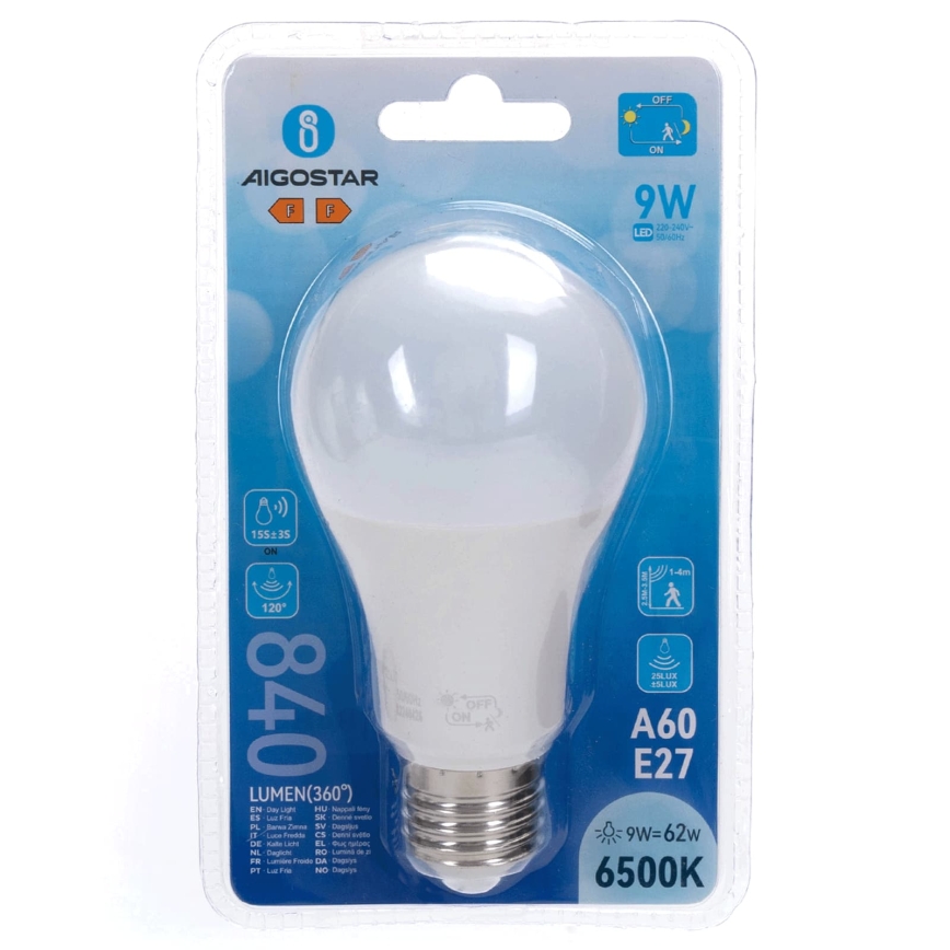 LED-lamppu liike- ja hämärätunnistimella A60 E27/9W/230V 6500K - Aigostar