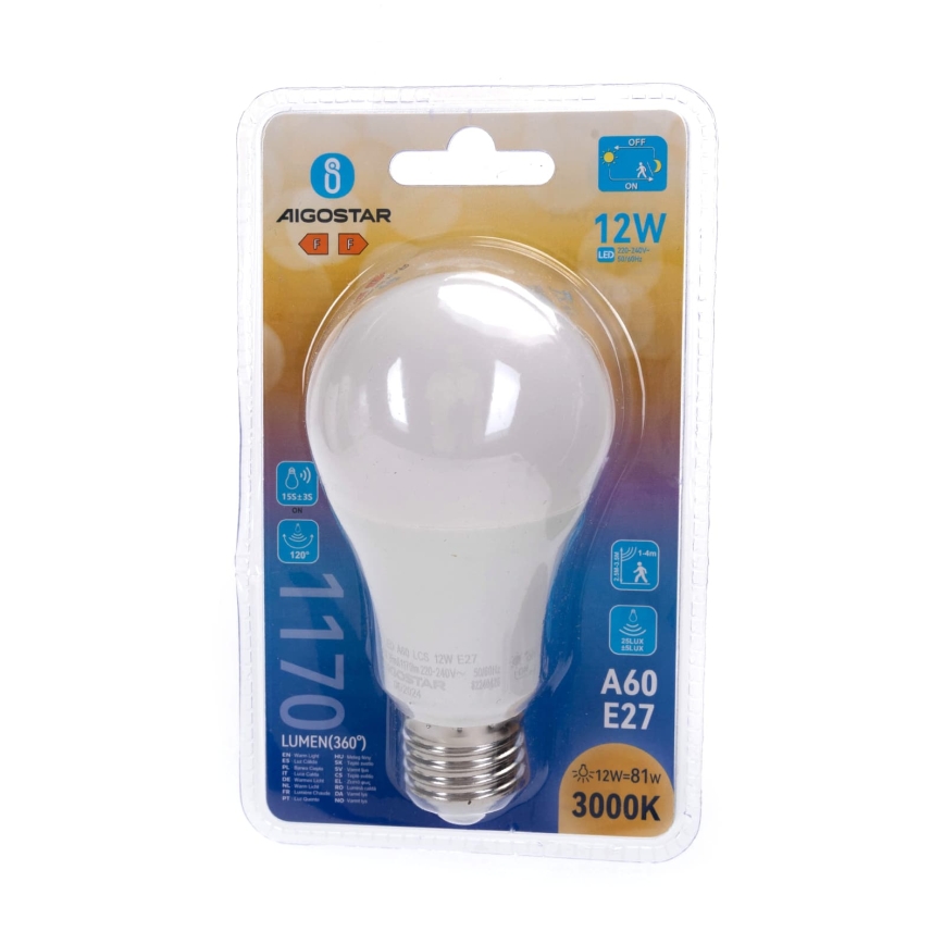 LED-lamppu liiketunnistimella ja hämäräkytkimellä A60 E27/12W/230V 3000K - Aigostar