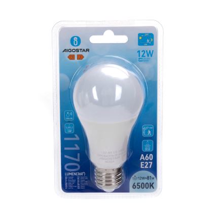 LED-lamppu liiketunnistimella ja hämäräkytkimellä A60 E27/12W/230V 6500K - Aigostar