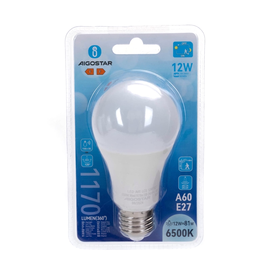 LED-lamppu liiketunnistimella ja hämäräkytkimellä A60 E27/12W/230V 6500K - Aigostar