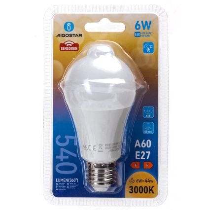 LED-lamppu liiketunnistimella ja hämäräkytkimellä A60 E27/6W/230V 3000K - Aigostar