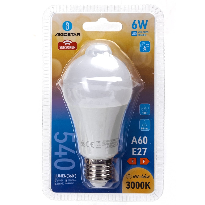 LED-lamppu liiketunnistimella ja hämäräkytkimellä A60 E27/6W/230V 3000K - Aigostar