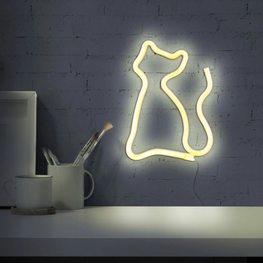 LED Neon seinäkoriste CAT LED/3W/3xAA USB keltainen
