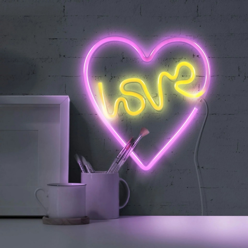 LED Neon seinäkoriste LOVE LED/3W/3xAA USB vaaleanpunainen