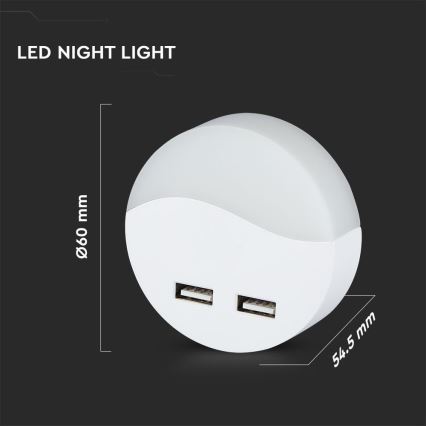 LED Pistorasia yövalo hämärätunnistimella 2xUSB LED/0,45W/230V 3000K