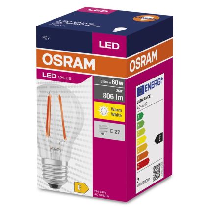 LED-polttimo FILAMENT A60 E27/6,5W/230V 2700K - Osram