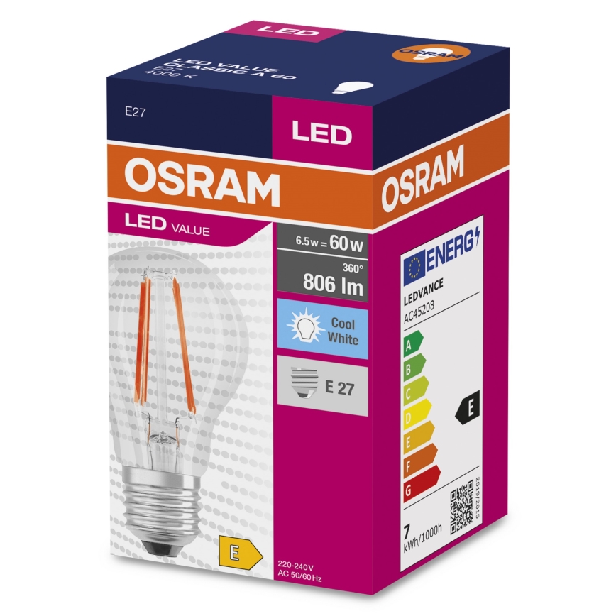 LED-polttimo FILAMENT A60 E27/6,5W/230V 4000K - Osram