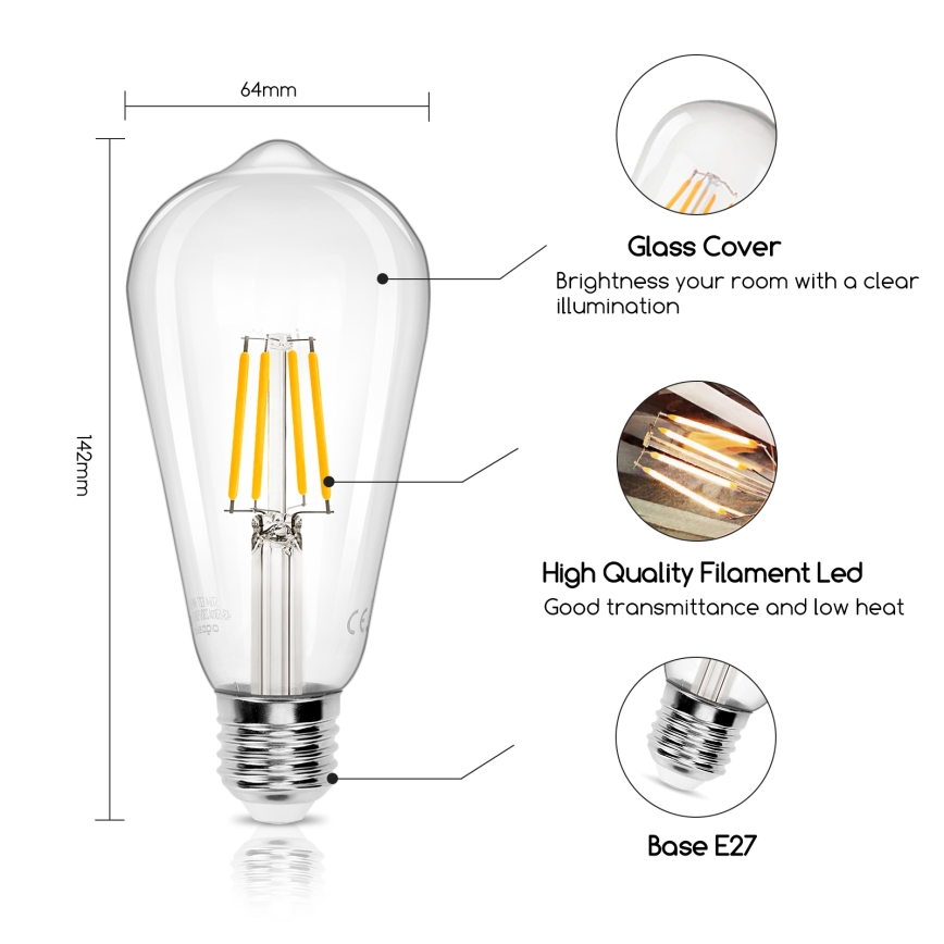 LED-polttimo FILAMENT ST64 E27/6W/230V 2700K - Aigostar