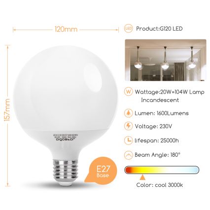 LED-polttimo G120 E27/20W/230V 3000K - Aigostar