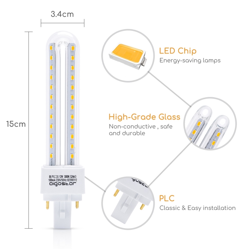 LED Polttimo G24D-3/12W/230V 3000K - Aigostar