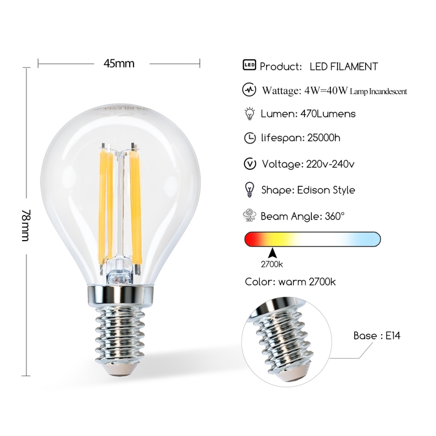 LED-polttimo G45 E14/4W/230V 2700K - Aigostar