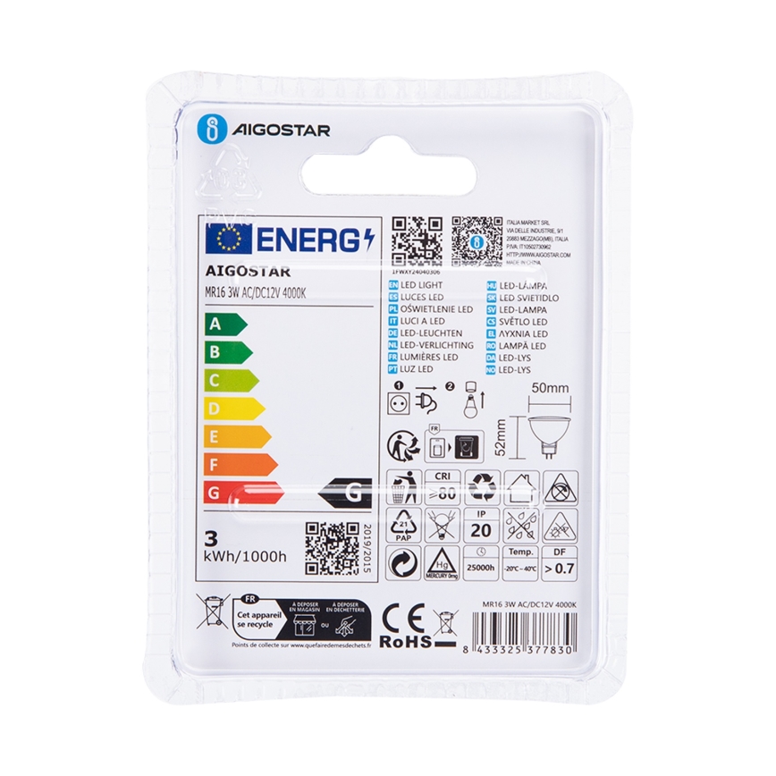 LED-polttimo MR16 GU5,3/3W/12V 4000K - Aigostar