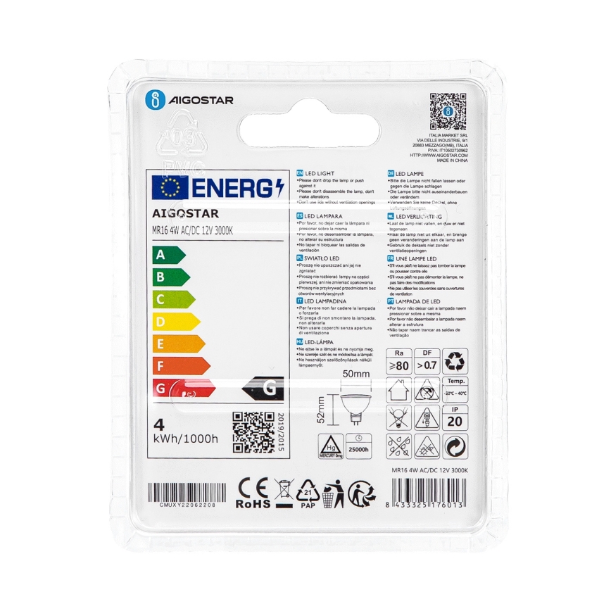 LED-polttimo MR16 GU5,3/4W/12V 3000K - Aigostar