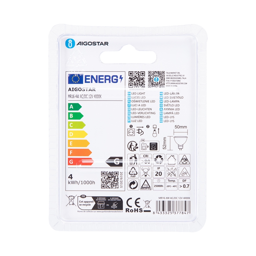 LED-polttimo MR16 GU5,3/4W/12V 4000K - Aigostar