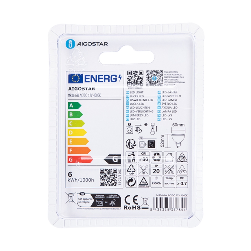 LED-polttimo MR16 GU5,3/6W/12V 4000K - Aigostar