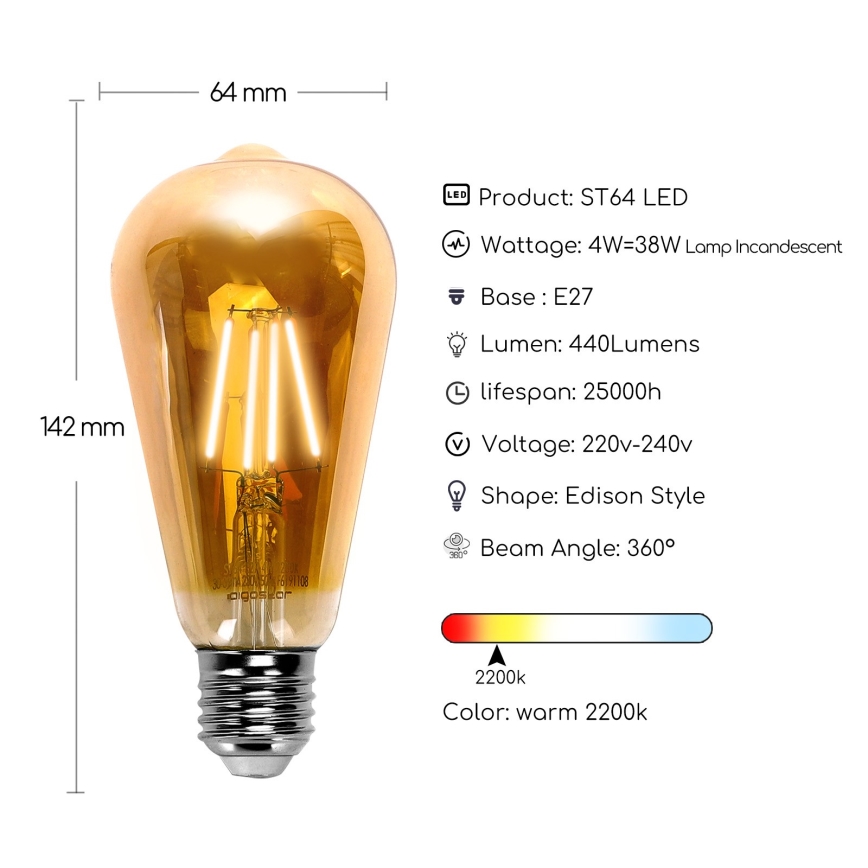 LED Polttimo ST64 E27/4W/230V 2200K - Aigostar