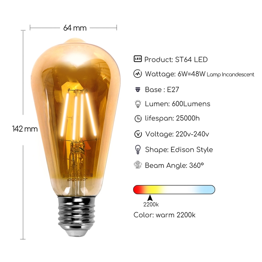 LED Polttimo ST64 E27/6W/230V 2200K - Aigostar