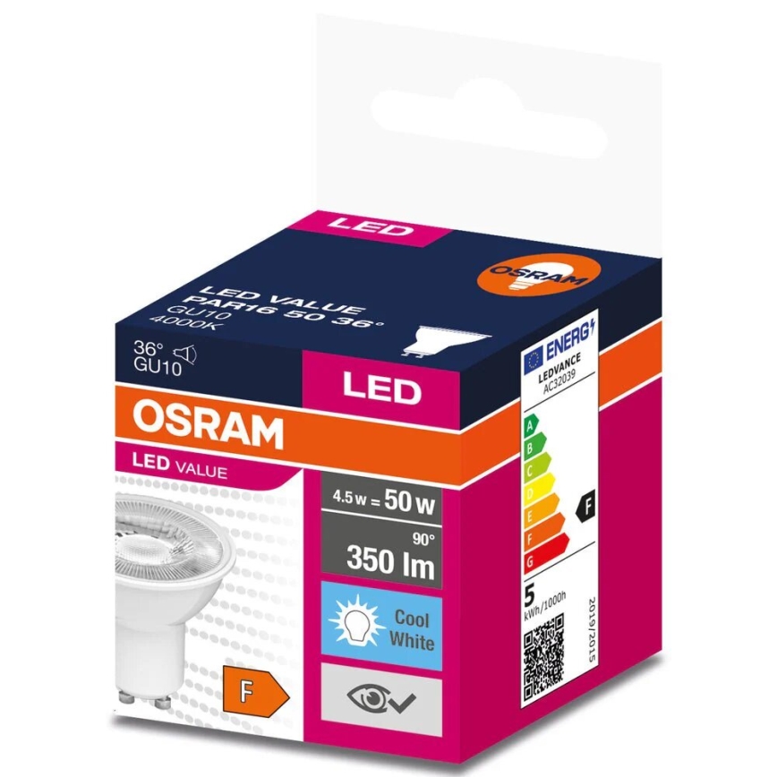 LED-polttimo VALUE PAR16 GU10/4,5W/230V 4000K 36° valkoinen - Osram