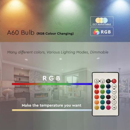 LED-RGB-himmennyslamppu A60 E27/8,5W/230V 4000K + kauko-ohjaus