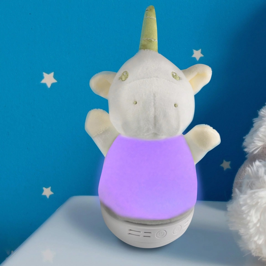 LED RGB Lasten yöpöytälamppu melodialla 3xAAA/5V yksisarvinen