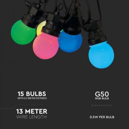 LED RGB Valoketju ulkokäyttöön STRING 13 m 15xLED/0,5W/230V IP44 + kauko-ohjaus