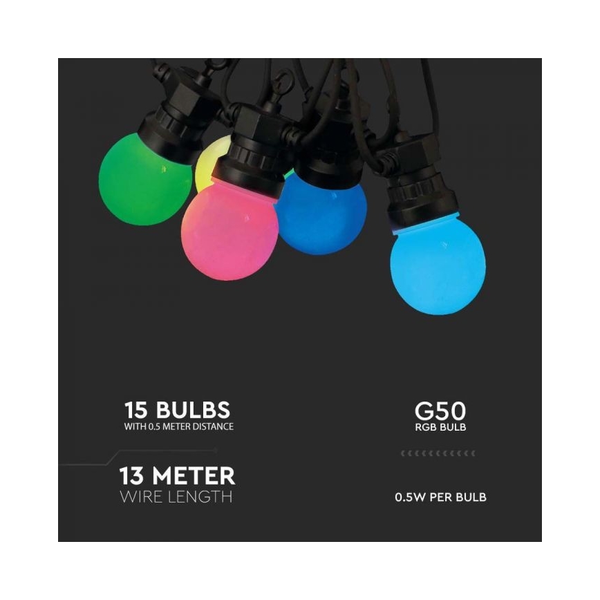 LED RGB Valoketju ulkokäyttöön STRING 13 m 15xLED/0,5W/230V IP44 + kauko-ohjaus