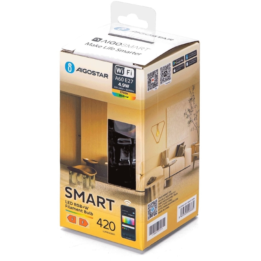 LED RGBW himmennettävä filamenttilamppu A60 E27/4,9W/230V 2700K Wi-Fi - Aigostar
