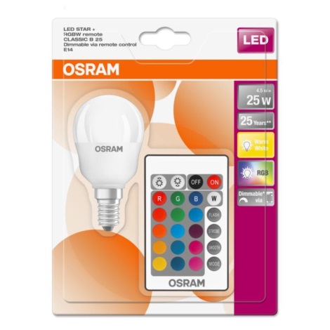 LED RGBW Himmennettävä lamppu STAR E14/4,5W/230V 2700K + Kauko-ohjaus - Osram