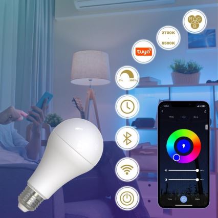LED RGBW Himmennettävä polttimo A60 E27/15W/230V 2700-6500K Wi-Fi Tuya