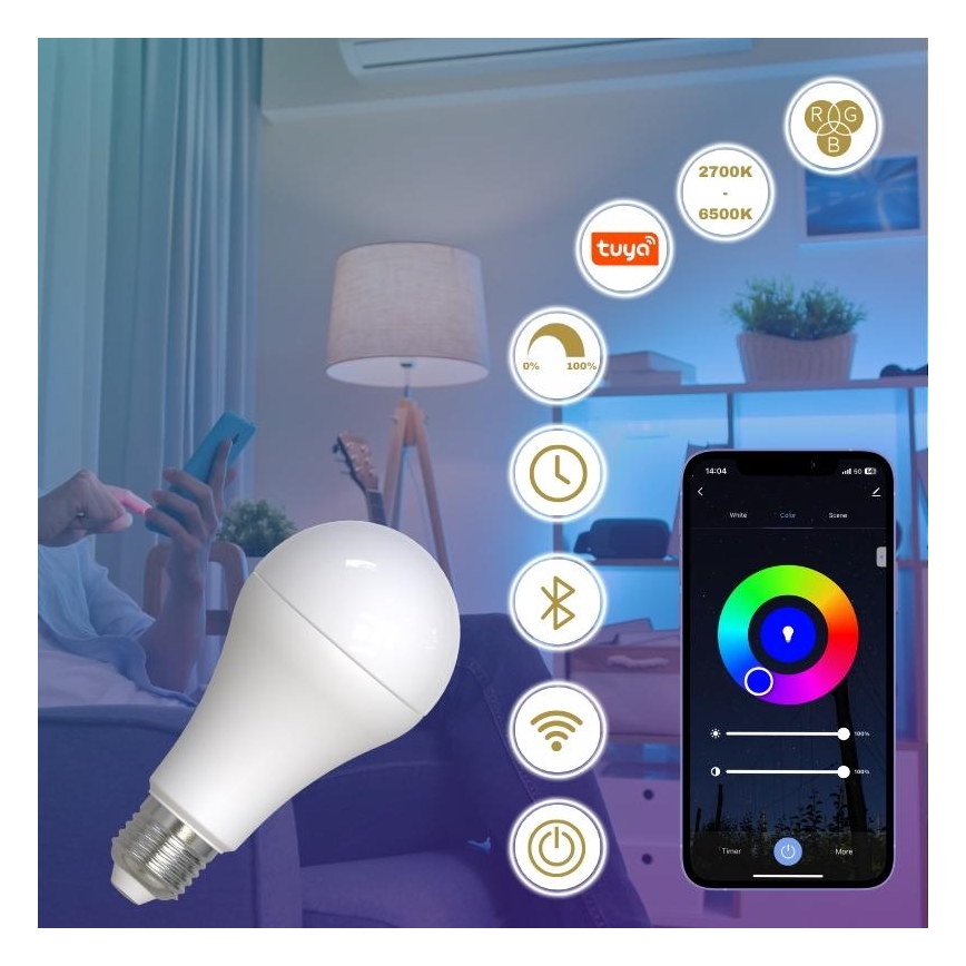 LED RGBW Himmennettävä polttimo A60 E27/15W/230V 2700-6500K Wi-Fi Tuya
