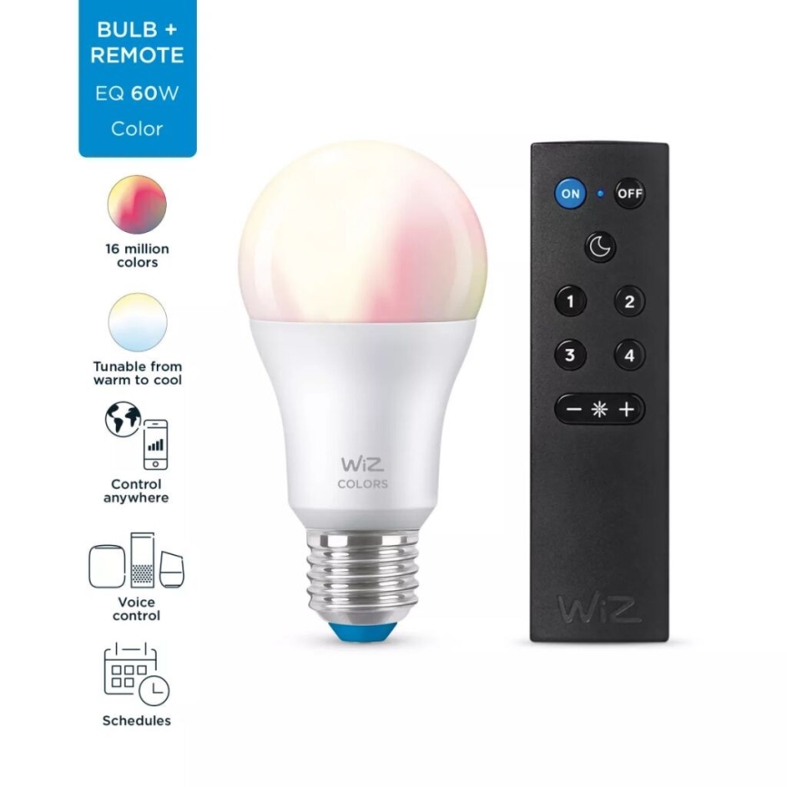 LED RGBW Himmennettävä polttimo A60 E27/8,5W/230V 2200-6500K  CRI 90 Wi-Fi + kauko-ohjaus - WiZ