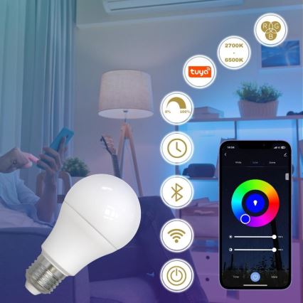 LED RGBW Himmennettävä polttimo A60 E27/9W/230V 2700-6500K Wi-Fi Tuya