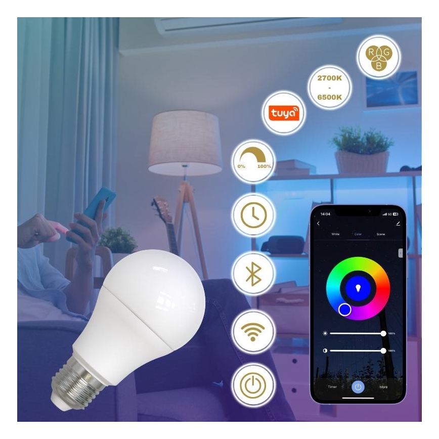 LED RGBW Himmennettävä polttimo A60 E27/9W/230V 2700-6500K Wi-Fi Tuya