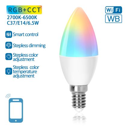 LED RGBW Himmennettävä polttimo C37 E14/6,5W/230V 2700-6500K Wi-Fi - Aigostar
