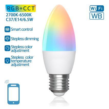 LED RGBW Himmennettävä polttimo C37 E27/6,5W/230V 2700-6500K Wi-Fi - Aigostar