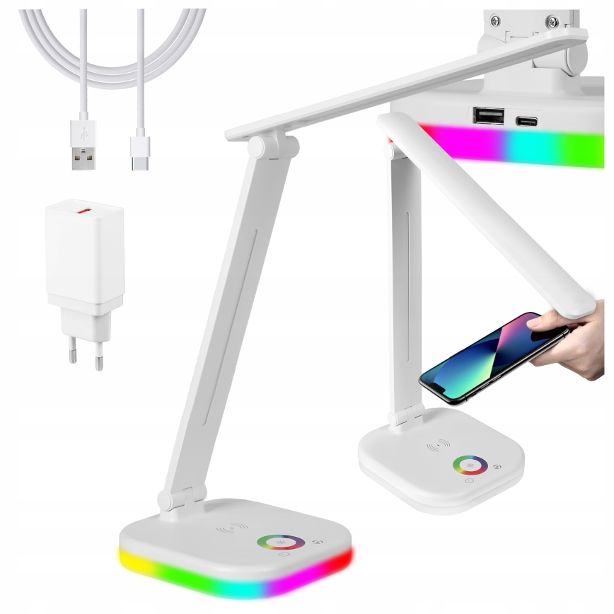 LED RGBW himmennettävä pöytälamppu langattomalla latauksella LED/7W/5V USB valkoinen