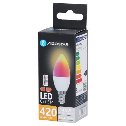 LED RGBW-lamppu C37 E14/4,8W/230V 3000K + kaukosäädin - Aigostar