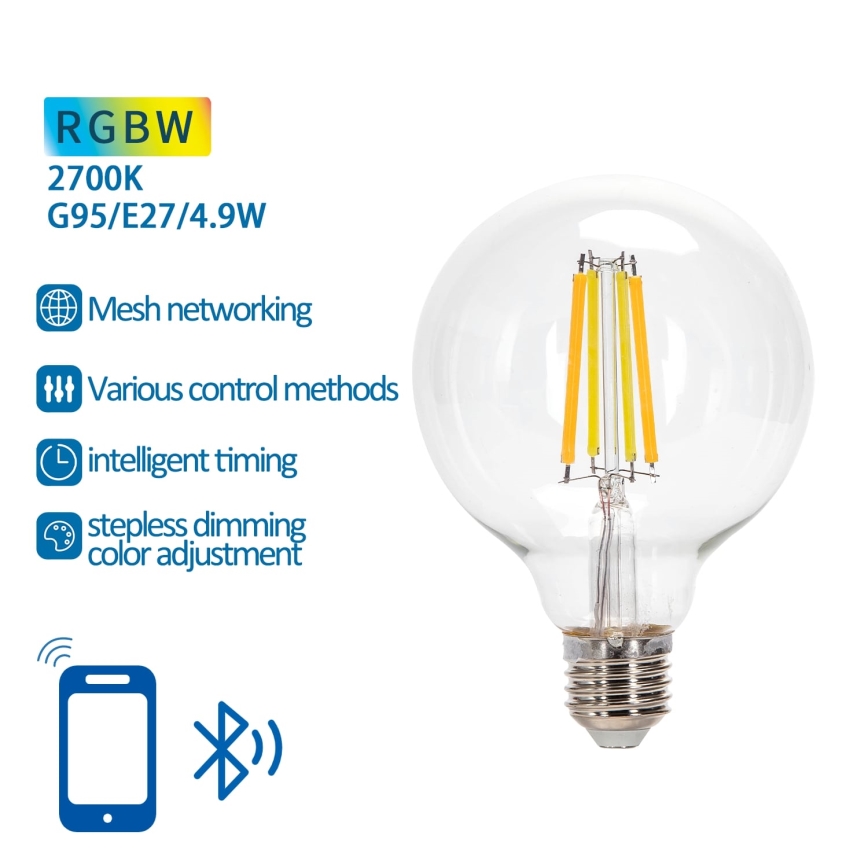 LED RGBW Himmennettävä polttimo FILAMENT MESH Älykäs G95 E27/4,9W/230V 2700K - Aigostar