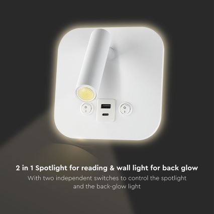 LED-seinäkohdevalaisin USB-portilla LED/8W/230V 3000K valkoinen