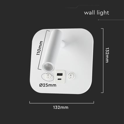 LED-seinäkohdevalaisin USB-portilla LED/8W/230V 3000K valkoinen