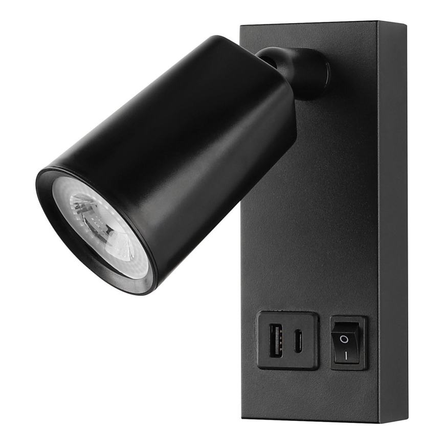 LED-seinäspotti USB-latauksella, 5 W, 230 V, musta