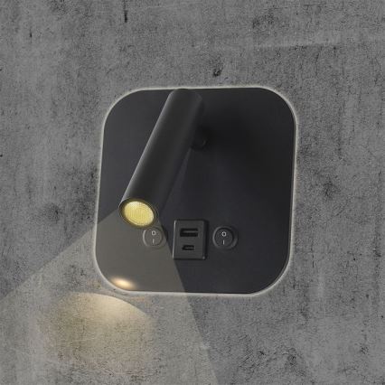 LED-seinäspotti USB-portilla LED/8W/230V 3000K musta