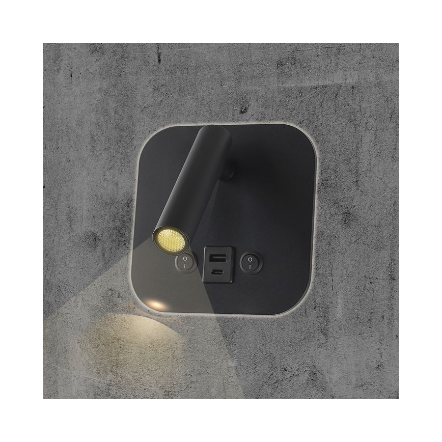 LED-seinäspotti USB-portilla LED/8W/230V 3000K musta