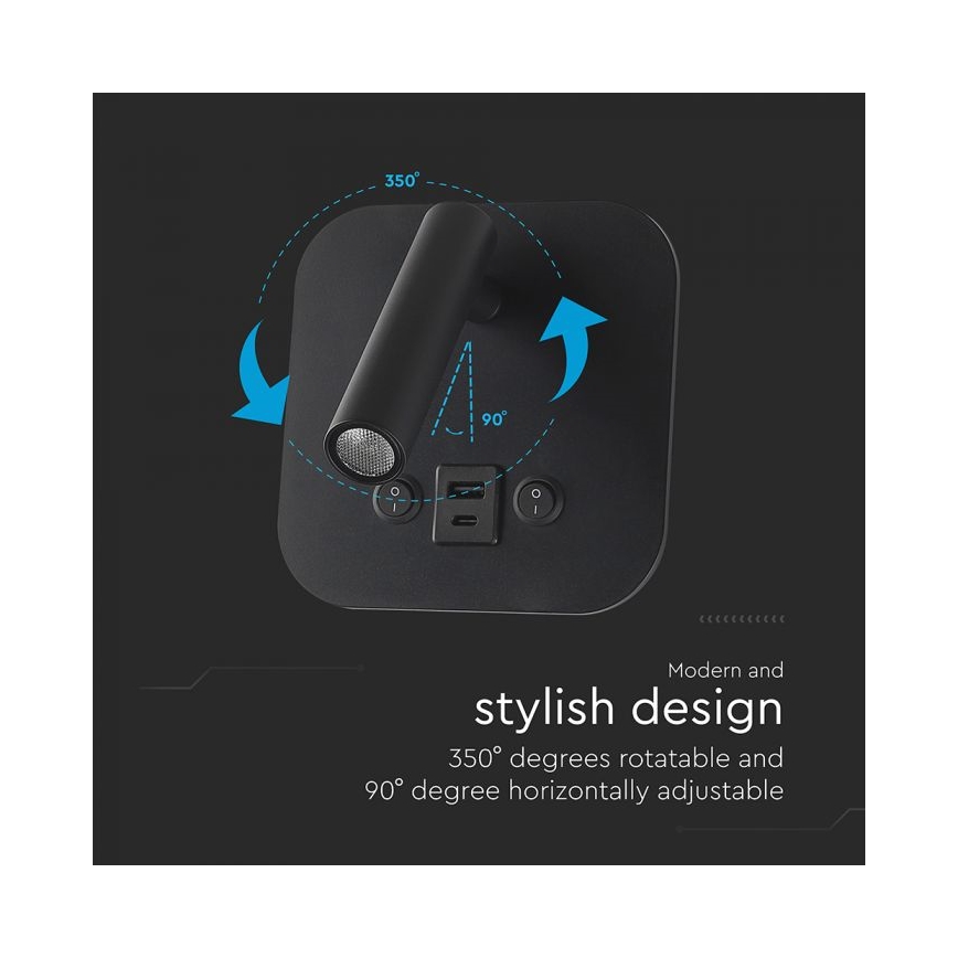 LED-seinäspotti USB-portilla LED/8W/230V 3000K musta