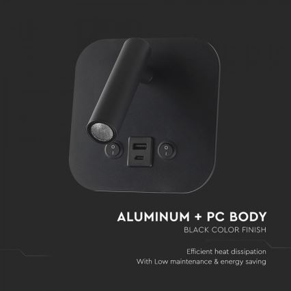 LED-seinäspotti USB-portilla LED/8W/230V 3000K musta