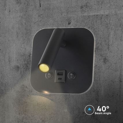 LED-seinäspotti USB-portilla LED/8W/230V 3000K musta