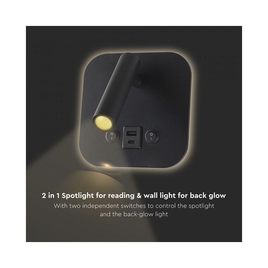 LED-seinäspotti USB-portilla LED/8W/230V 3000K musta