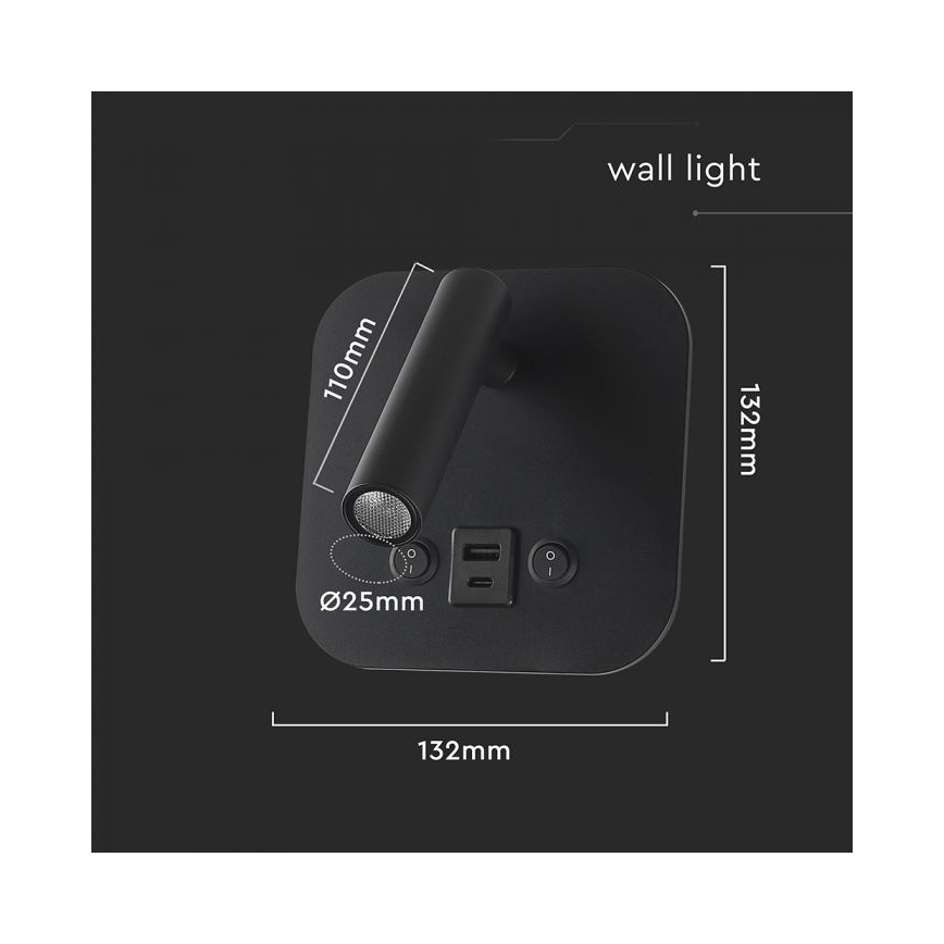 LED-seinäspotti USB-portilla LED/8W/230V 3000K musta