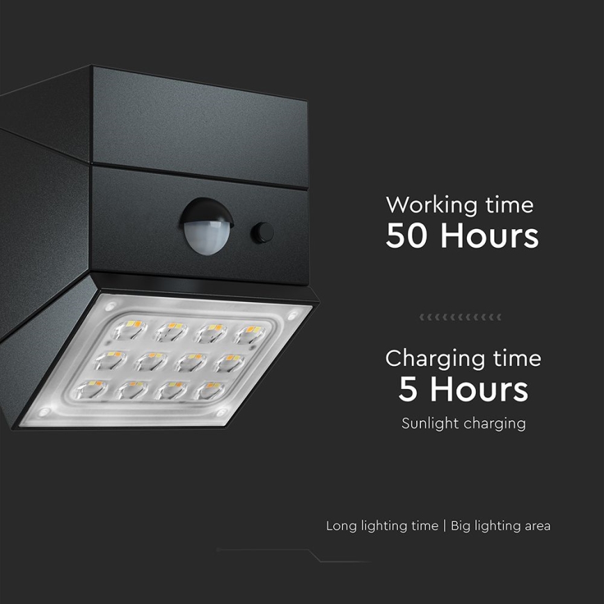 LED-aurinkokennolla varustettu seinävalaisin anturilla LED/2,5W/3,7V 3000/4000/6000K IP65 1200 mAh musta